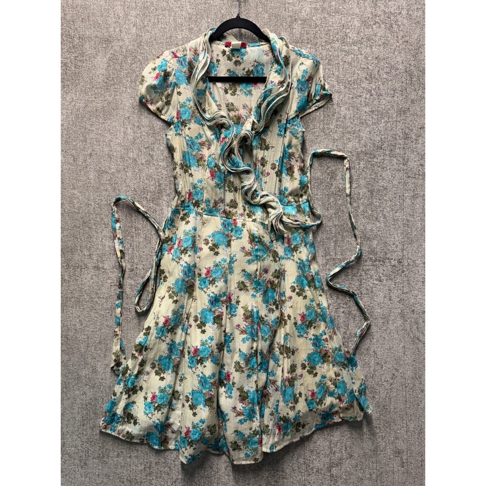 Ceres Floral Ruffle Dress Cottagecore Boho Tie Waist Blue Cream Women L